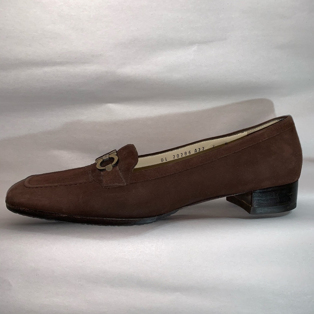 SALVATORE FERRAGAMO size 7B brown suede LOAFERS